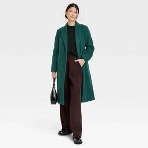 A New Day Belted Essential Wool Blend Overcoat Jacket Green Size XS